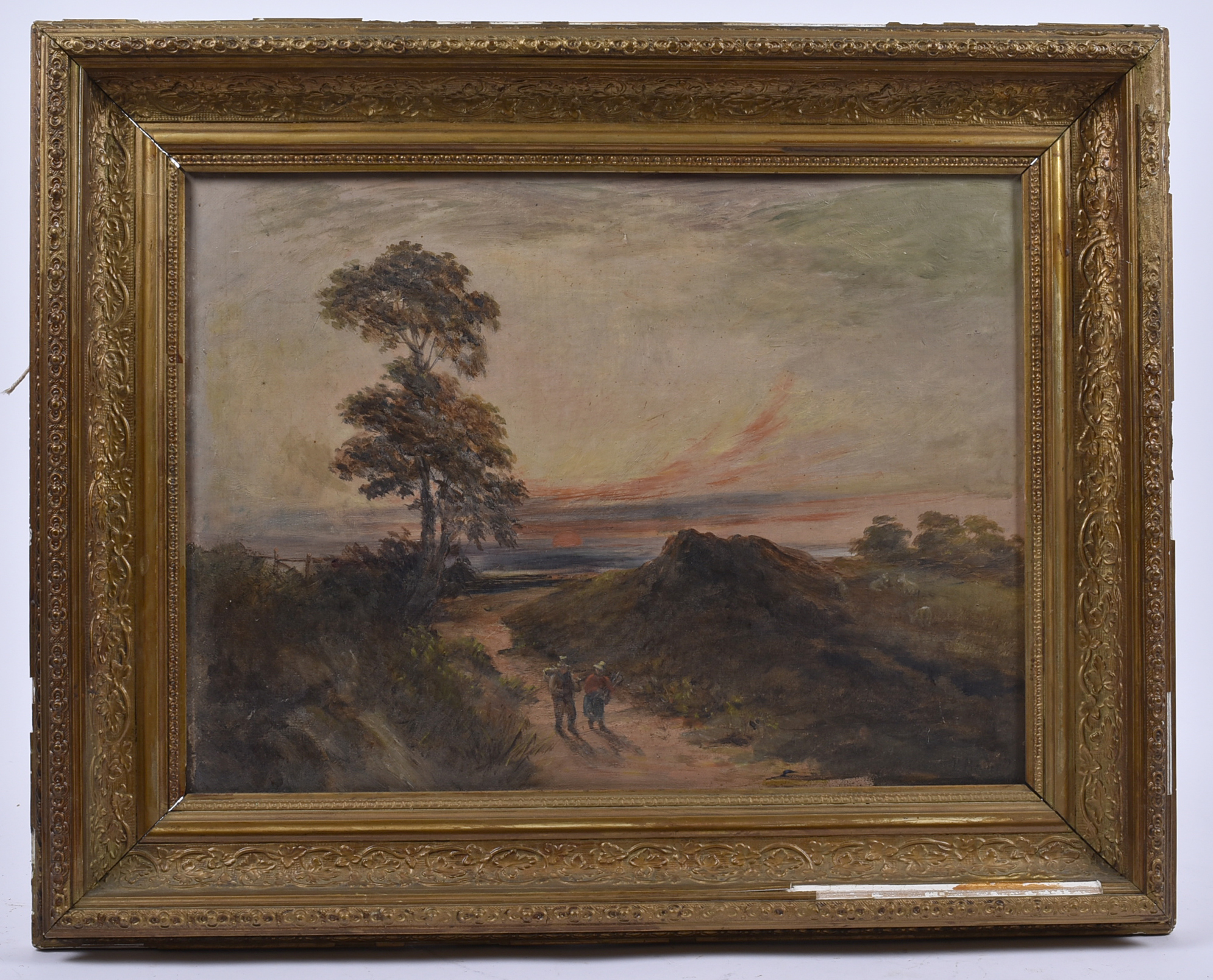 19th Century British School oil on canvas, 'Travellers on a Rural Road at Dusk', indistinctly signed - Image 2 of 2