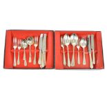 A selection of eleven cased Allander place settings, including forks, knives, dessert spoons and tea