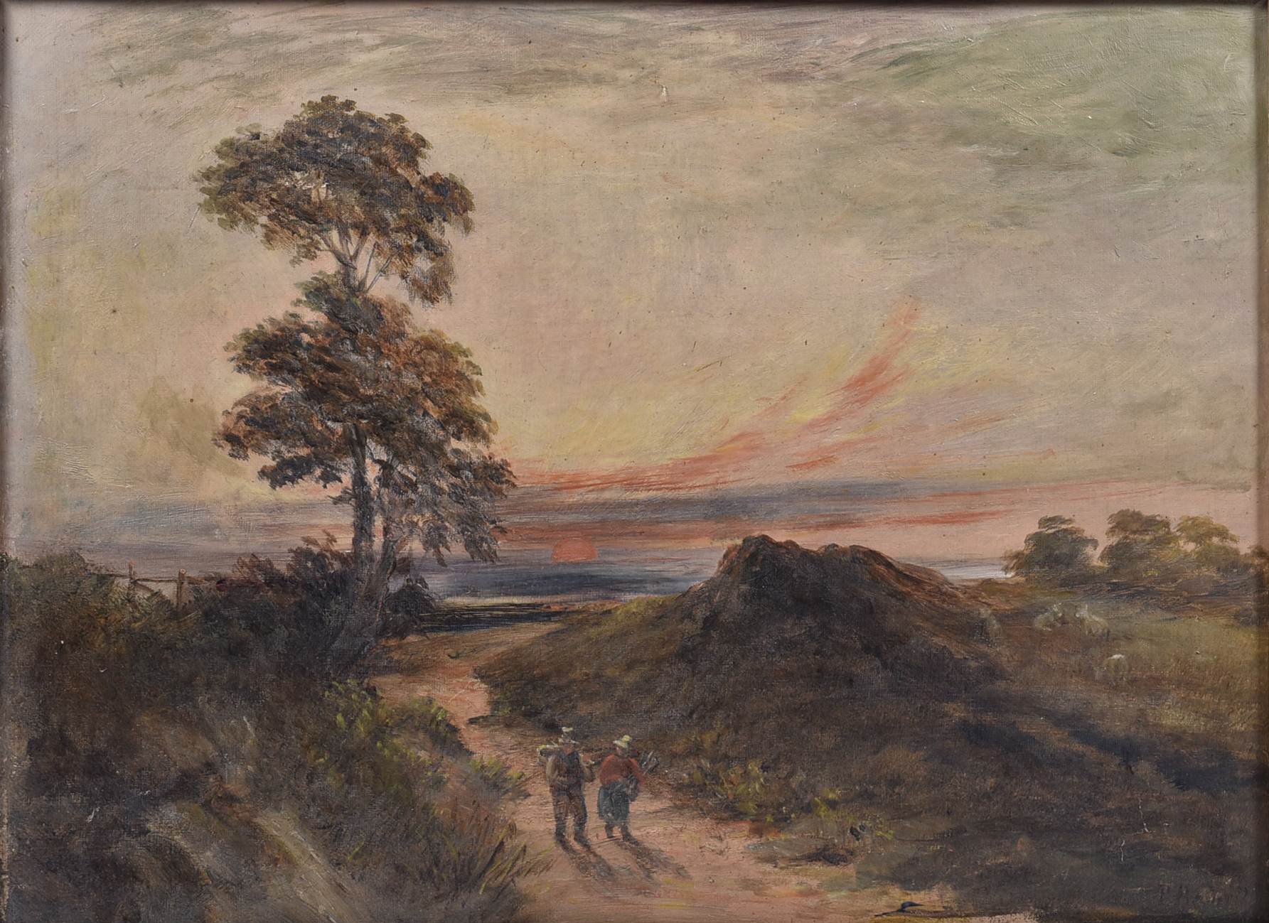 19th Century British School oil on canvas, 'Travellers on a Rural Road at Dusk', indistinctly signed