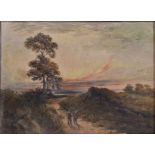 19th Century British School oil on canvas, 'Travellers on a Rural Road at Dusk', indistinctly signed