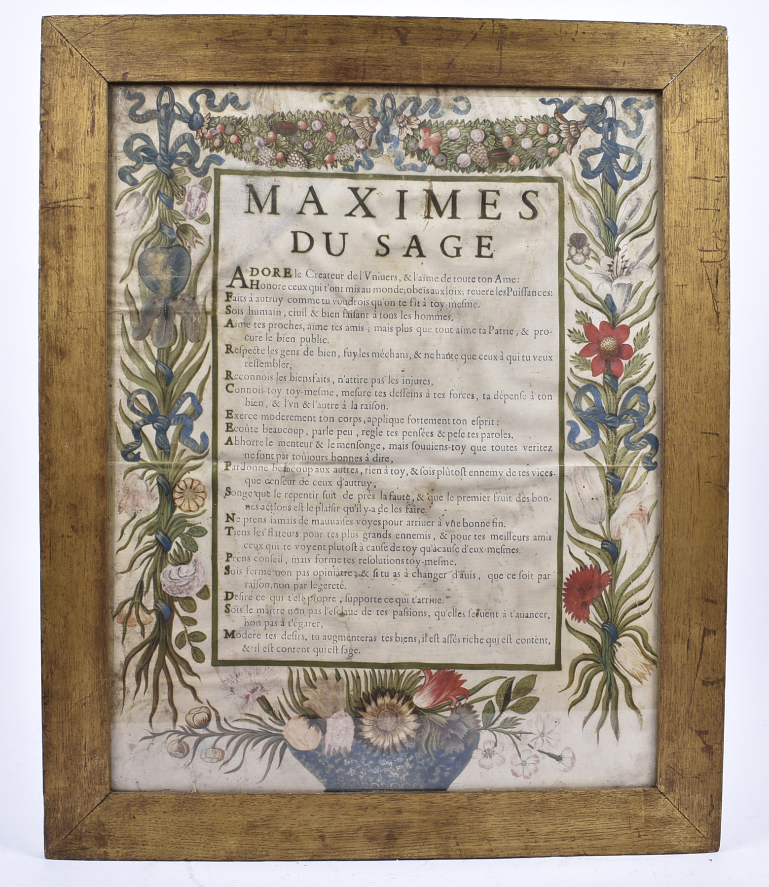 A late 18th/early 19th Century printed parchment titled 'Maximes du Sage', central panel with French - Image 2 of 2