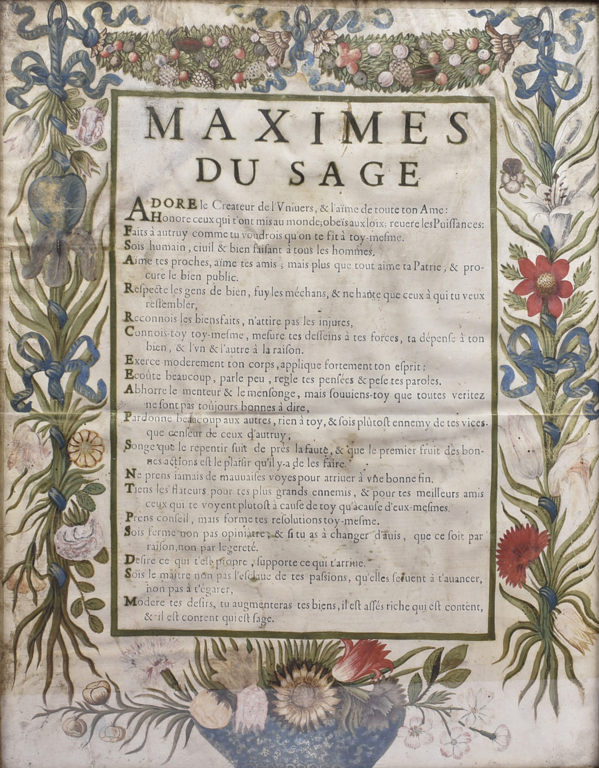 A late 18th/early 19th Century printed parchment titled 'Maximes du Sage', central panel with French