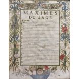 A late 18th/early 19th Century printed parchment titled 'Maximes du Sage', central panel with French