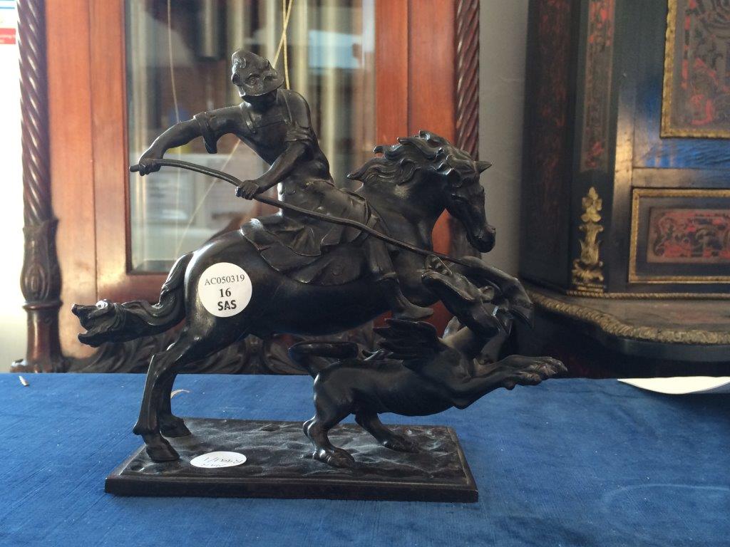 A bronze model of St George fighting the dragon, on horseback, dressed in armour and holding a - Image 2 of 7