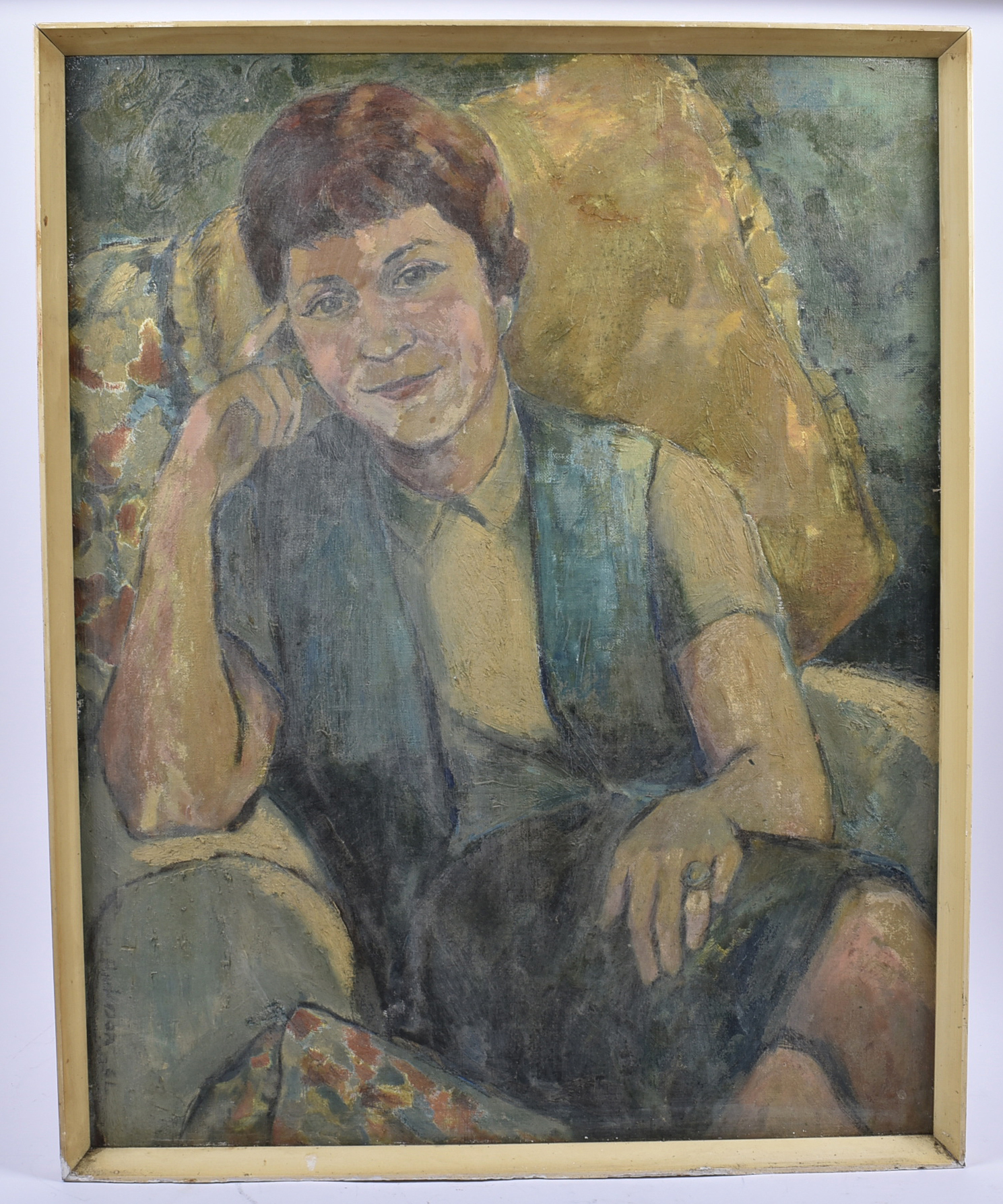 Mid 20th Century British School oil on board, 'Portrait of a Lady in an Armchair', signed and - Image 2 of 2