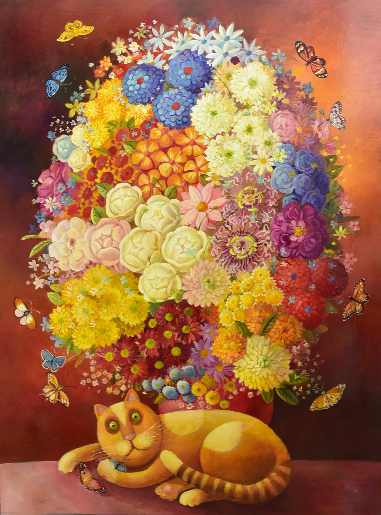 Anna Varella (b. 1971) acrylic on board, 'Floral Still Life with Cat', signed and dated 'Anna