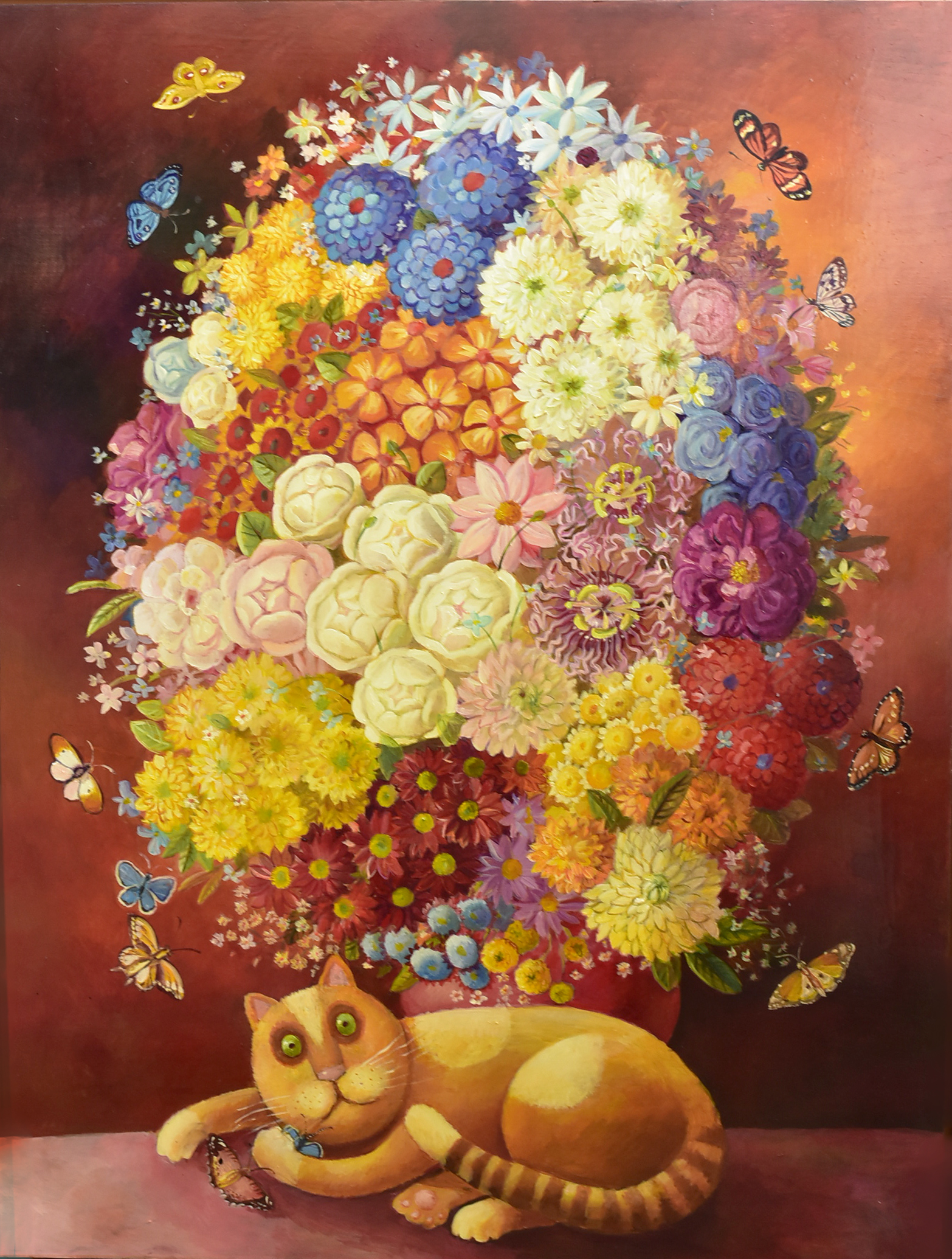 Anna Varella (b. 1971) acrylic on board, 'Floral Still Life with Cat', signed and dated 'Anna - Image 2 of 2