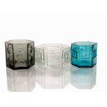 Frank Thrower for Dartington Glass, a trio of hexagonal vases FT84 9.5 cm, and FT96 8 cm in