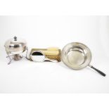 A selection of silver plated cooking ware, including a frying pan and warming dish, together with