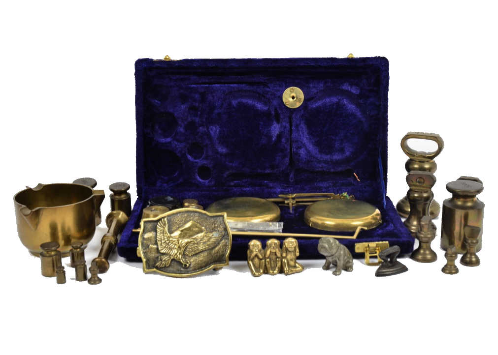 A cased set of balance scales, together with various weights and other metalware, including a BTS