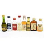 A large selection of miniature bottles of spirits and liqueurs, including vodka, martini and brandy,