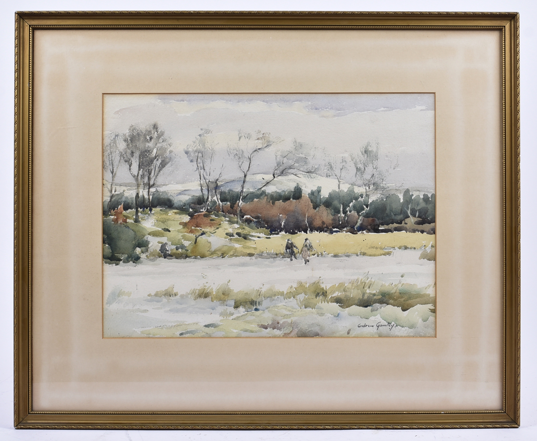 Andrew Archer Gamley RSW (1869-1949) watercolour on paper, 'Winter Landscape with Two Figures in the - Image 2 of 2