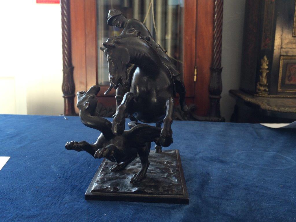 A bronze model of St George fighting the dragon, on horseback, dressed in armour and holding a - Image 5 of 7