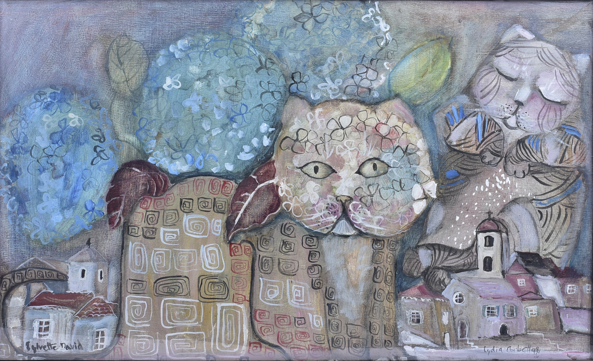 Lydia Corbett (b.1934) oil on board, 'The Hydrangea Cat', signed 'Lydia Corbett' (lower right) and