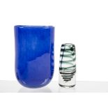 Two blue glass vases by Henry Dean, one labelled, tallest 31.5cm, together with a pair of Zwiesel