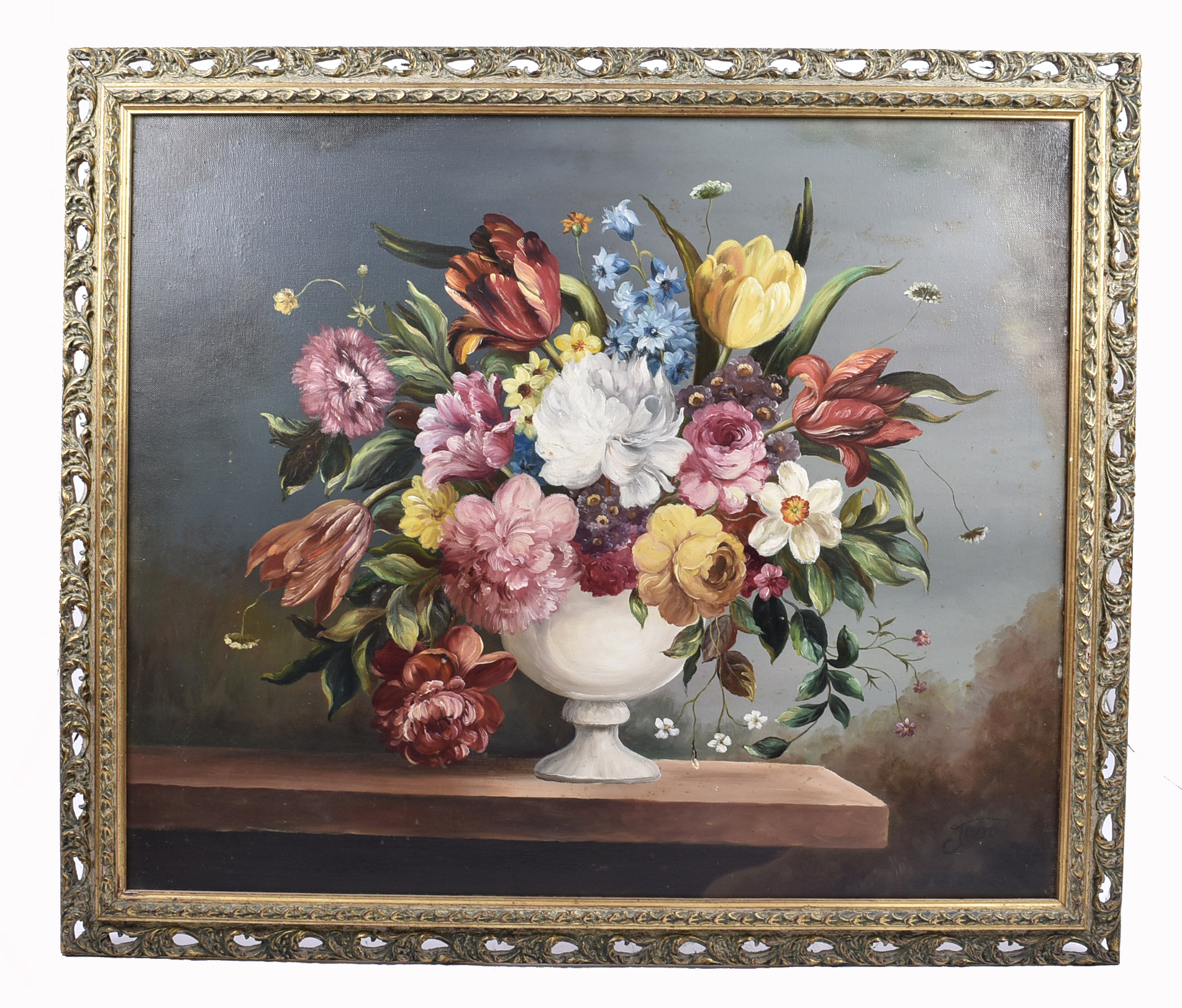 Roger John Collins (20th Century) oil on board, 'Still Life with Vase of Flowers on Marble