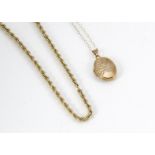 A 9ct gold rope twist necklace, and a 9ct gold oval locket and chain, 5g