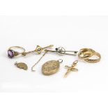 A modern 9ct gold amethyst and floral dress ring, together with an opal bar brooch, another bar