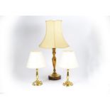 A pair of brass table lamps, baluster column, circular base, 41 cm high with shade, together with