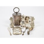 A collection of silver and silver plate, including decanter labels, penknives, grape scissors,