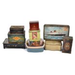 A collection of advertising tins, including Huntley and Palmers depicting 'Tossing for Innings',