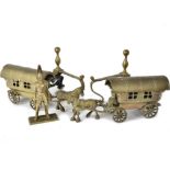 A pair of brass models of a horse pulling a gypsy caravan, 40 cm long, together with a large