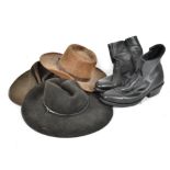 A selection of novelty cowboy paraphernalia, including four hats from Outback Trading, Bailey and