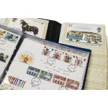 A collection of stamps and First Day Covers and postcards, one album of FDCs, an album of PHQ