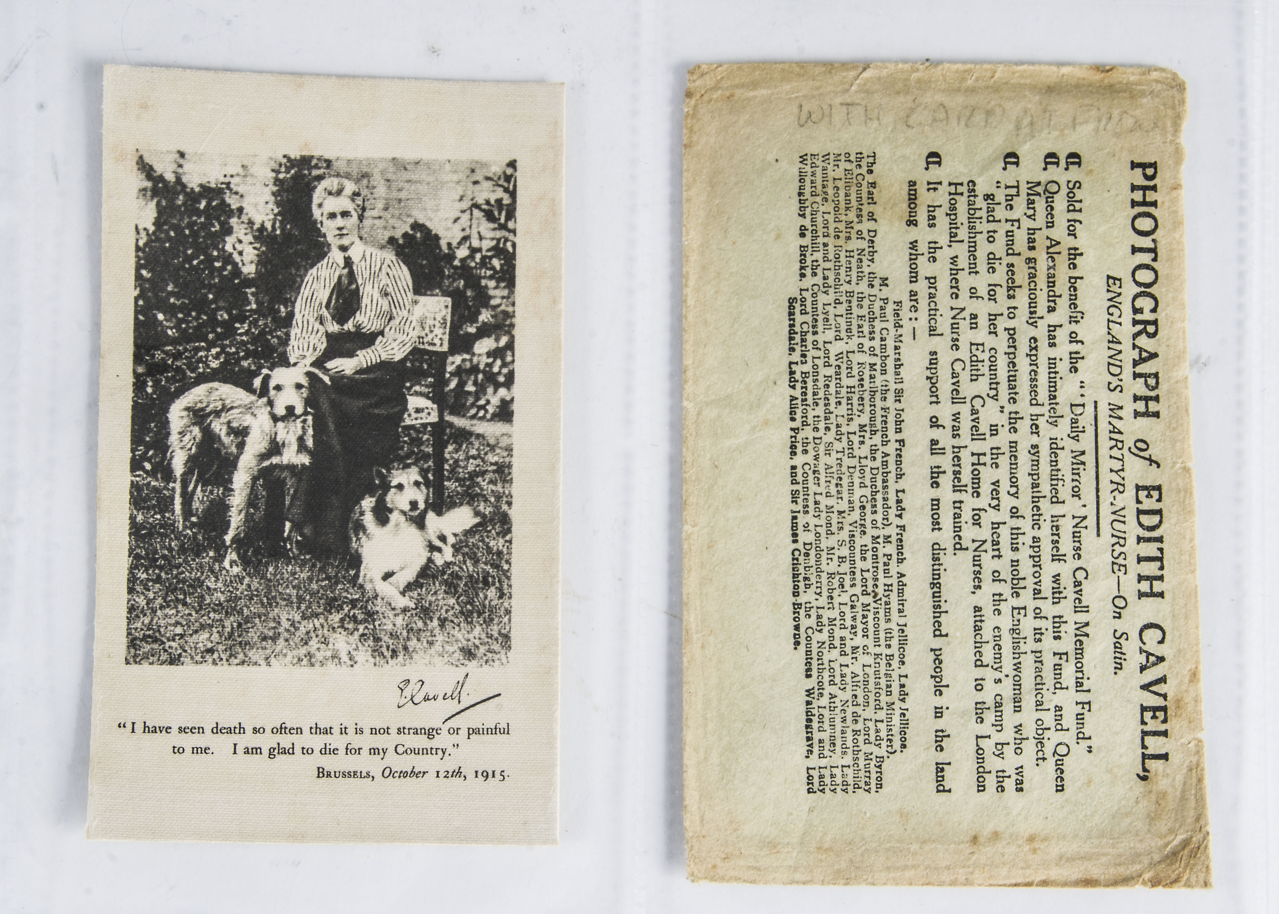 Trade Silk Postcard, WWI silk photograph of Edith Cavell, England's Martyr Nurse, dated Brussels