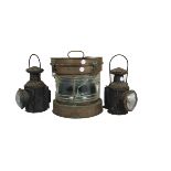 Ship and Railway Lamps, ship's copper masthead light, lens damaged, and two railway lamps, all