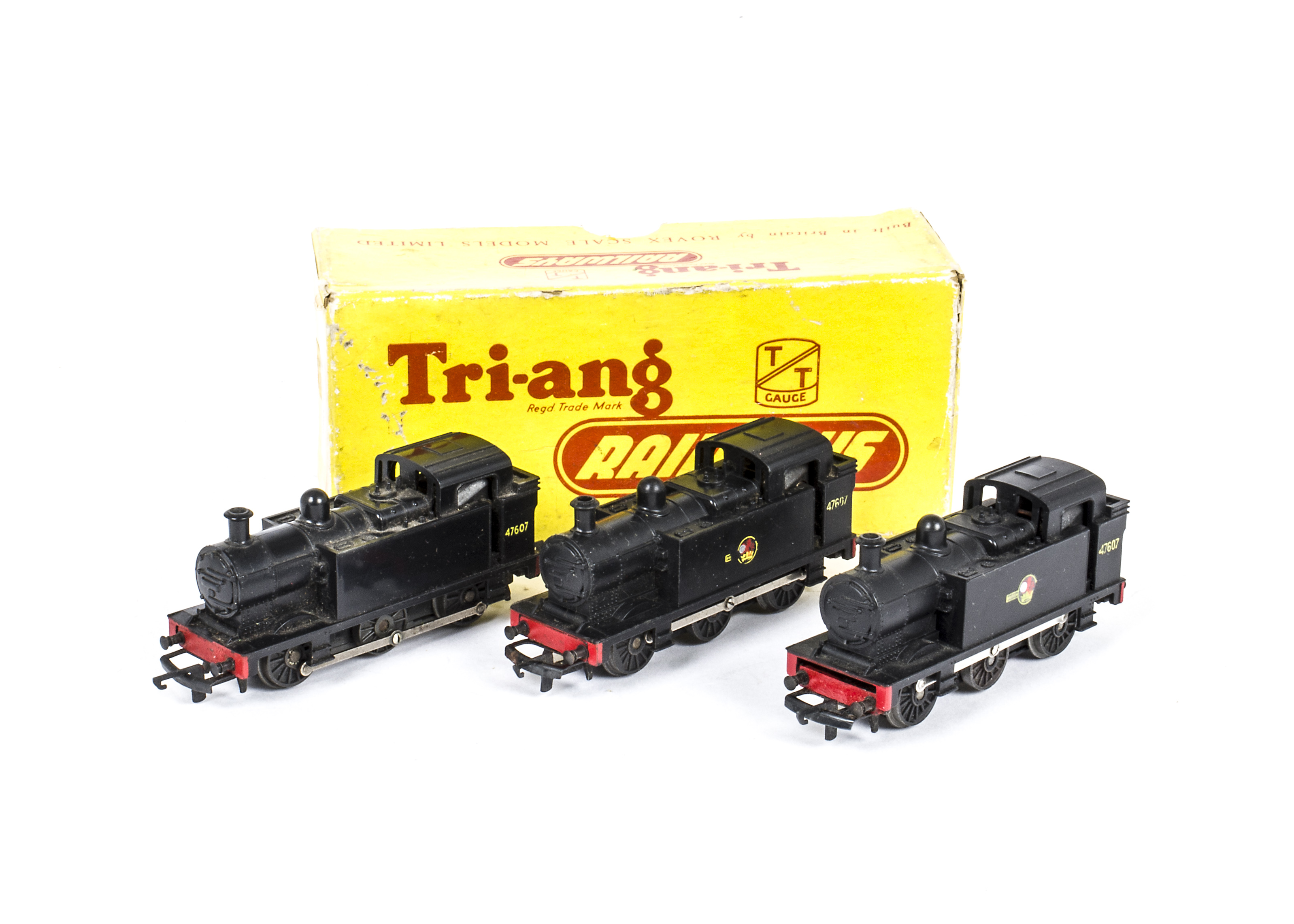 Tri-ang TT Gauge T90 unlined black 'Jinty' Locomotives, two with instructions, all in original