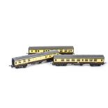 Tri-ang TT Gauge BR WR late issue chocolate and cream Coaches, 1st/2nd, Restaurant Car and 2nd/