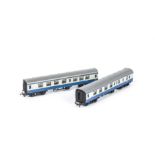 A pair of uncommon Tri-ang TT BR bright blue/grey Coaches, unboxed 1st/2nd and Brake/2nd, G-VG (2)