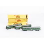 Tri-ang TT Gauge BR SR late-issue green Coaches, two 1st/2nd coaches with yellow 1st Class stripe