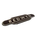 A BR Western Region Bedwyn Station Totem Sign, enamelled iron station totem sign for Bedwyn, cream