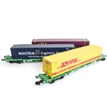 Aristocraft G Scale Intermodal Wagons, five unboxed 112307, twin intermodal wagons all in green