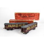 Two Boxed Hornby 0 Gauge No 2 LMS Saloon Coaches, both in LMS crimson as 1st Class no 402, with