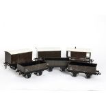 Bassett-Lowke 0 Gauge Post-war LMS Freight Stock, comprising three open wagons (one with mis-printed