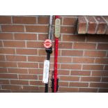 Signal Levers, two cast iron signal levers, one painted red with brass plaque, 3 Down Main Home 8 6,
