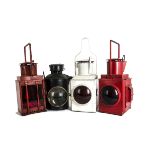 Vintage Railway Lamps, a group of four including three of square form two painted red BR/BR (W),