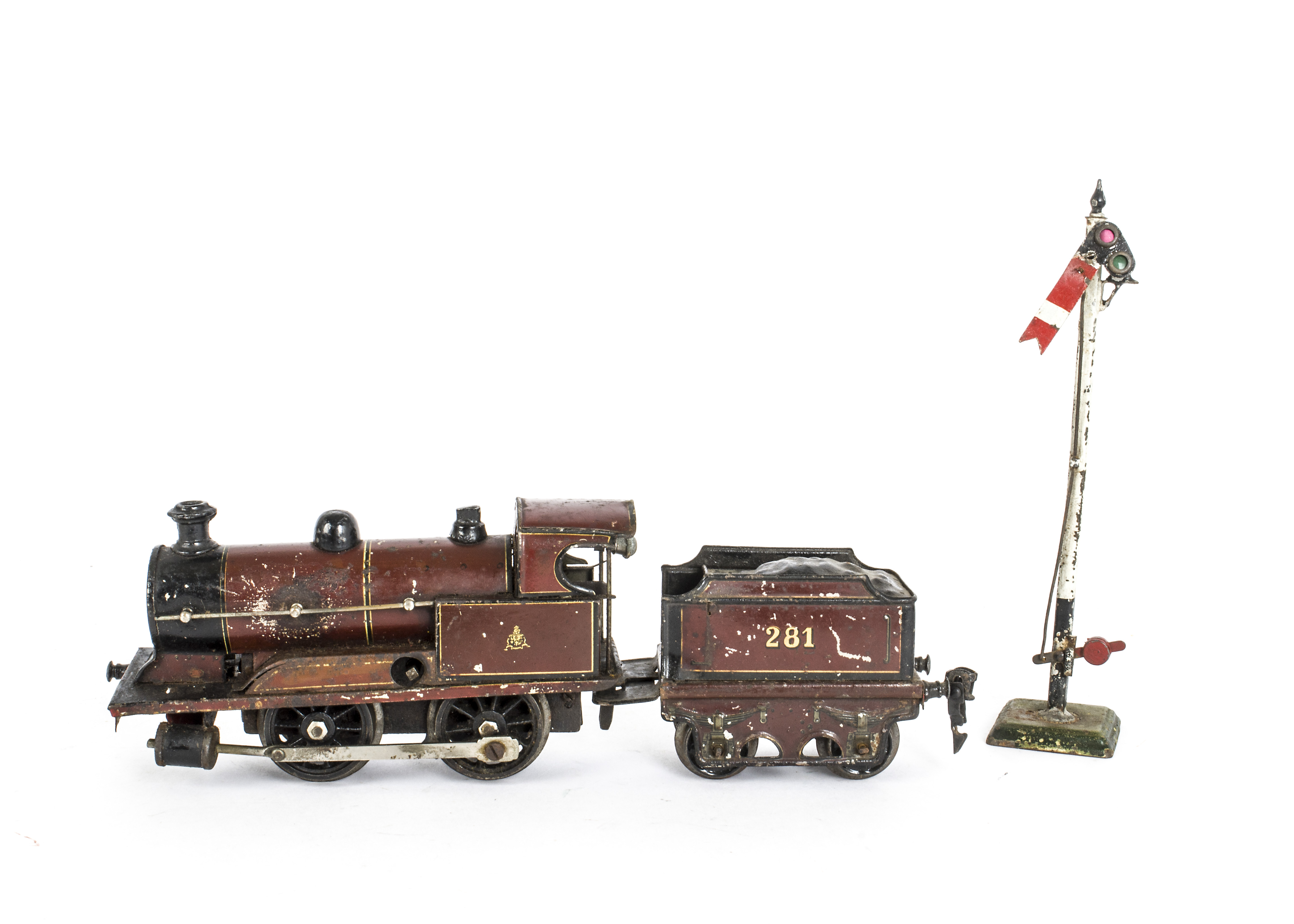 A Märklin 0 Gauge Clockwork Midland Railway 0-4-0 Locomotive Tender and Signal, in MR crimson as