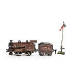 A Märklin 0 Gauge Clockwork Midland Railway 0-4-0 Locomotive Tender and Signal, in MR crimson as