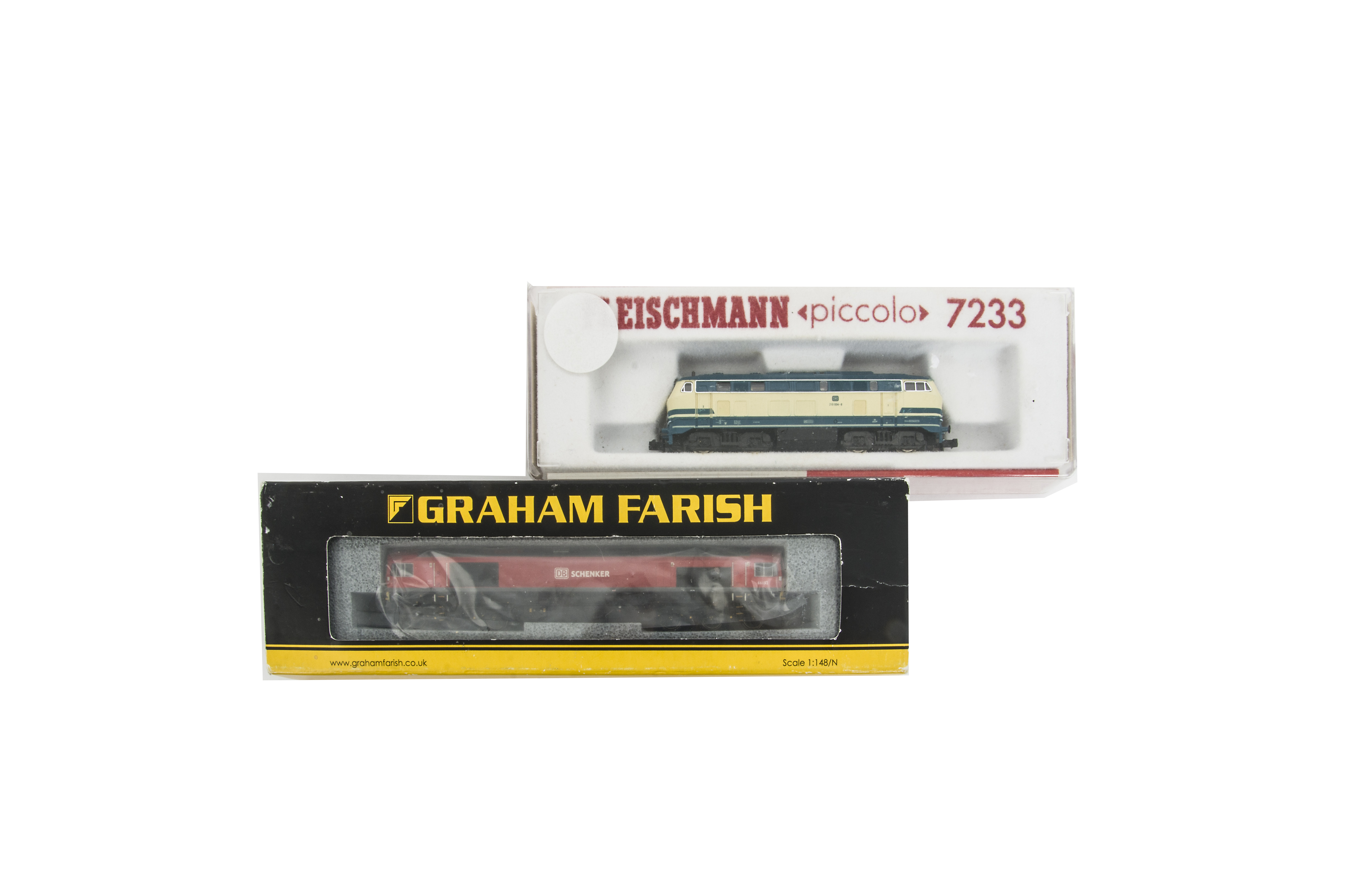 Graham Farish and Fleischmann N Gauge Diesel Locomotives, a cased duo comprising Graham Farish 371-