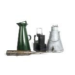 Vintage Water Carriers and a Railway Lamp, two railway gang water carriers, both galvanised examples