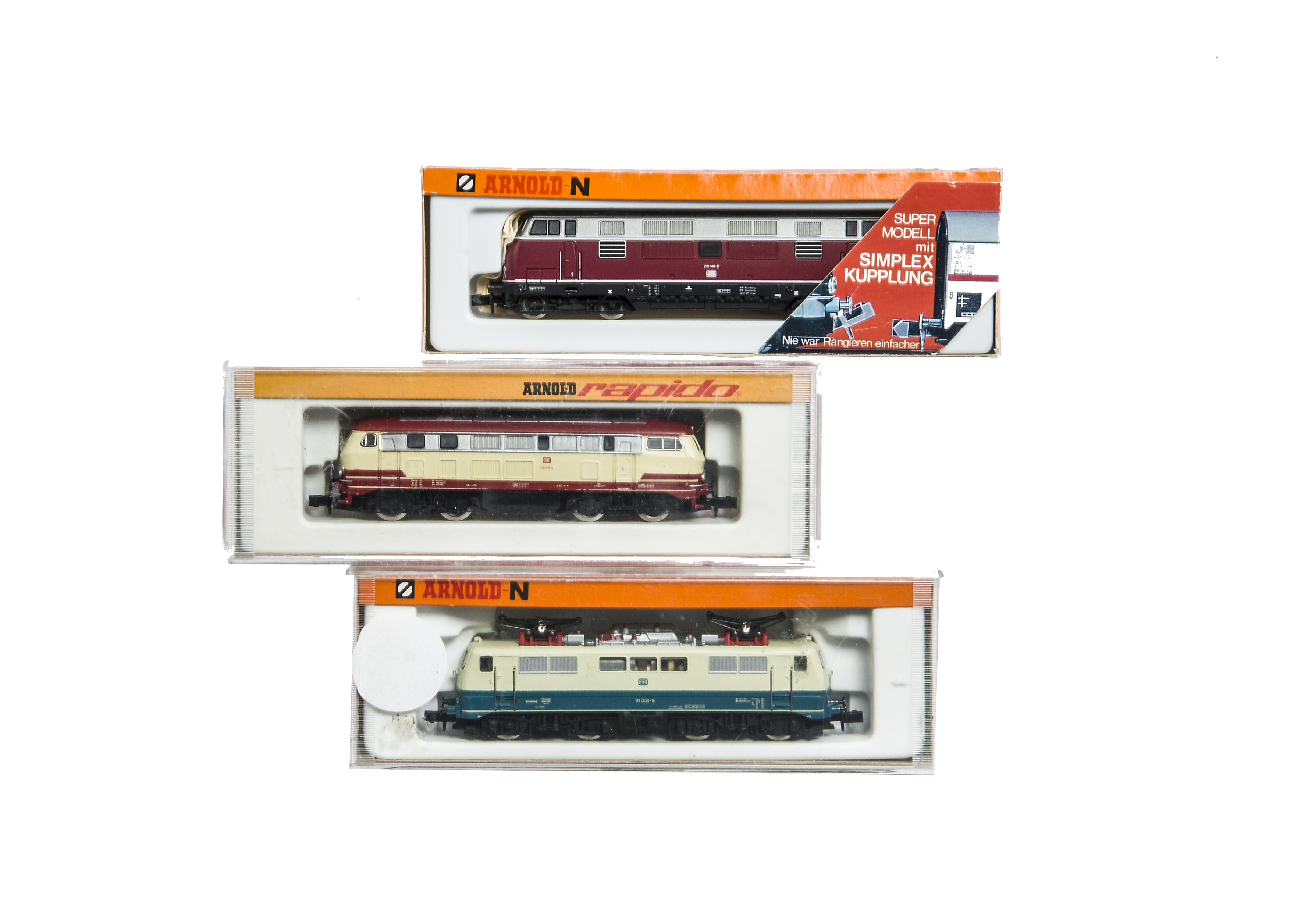 Arnold Diesel and Electric N Gauge Locomotives, a cased trio comprising 2022, BR 221 of the DB in