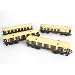 Hornby 0 Gauge No 2 and No 2/3 Pullman Coaches, comprising two No 2 'nut and bolt' cars in brown/