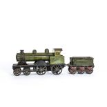 A Large-Scale Lithographed Tinplate Clockwork Floor Train 4-4-0 Locomotive and Tender by Günthermann