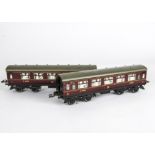 Two Hornby 0 Gauge No 2 LMS 1st/3rd Composite Coaches, both in tinprinted LMS matt-varnished crimson