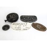 Wagon Plates, three cast iron plates, DB982001 12T Wolverton 1949 Lot No 2012, white on black,