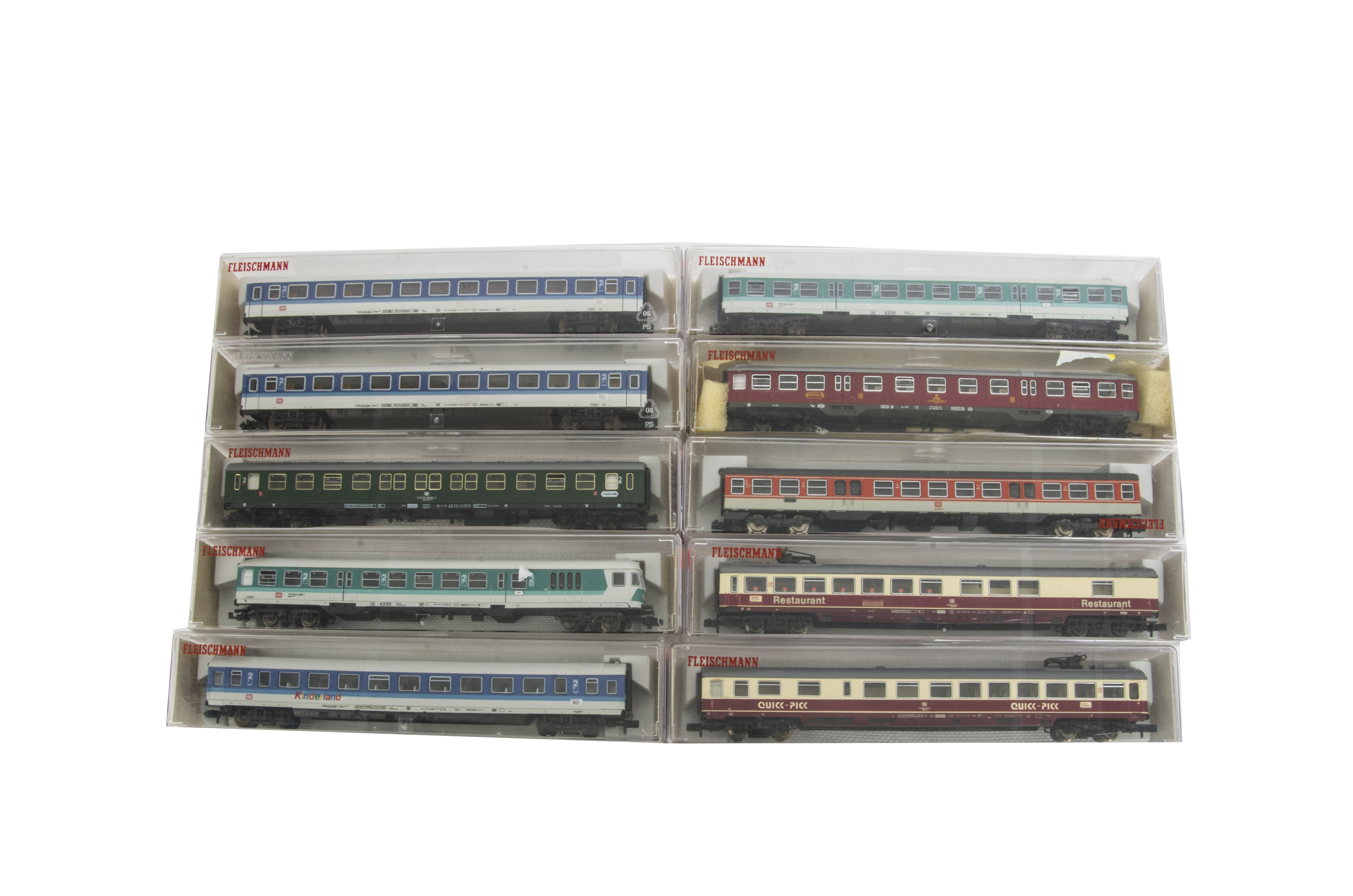 Fleischmann N Gauge Coaches, a cased group of eleven coaches in various liveries, comprising